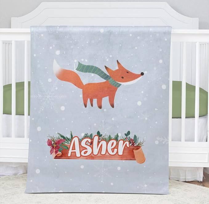 Fox Winter Personalized Receiving Sherpa Fleece Baby Blankets for Girls Boys Kids, Swaddle Blankets Gift for Newborn Crib Infants 30x40 Inches