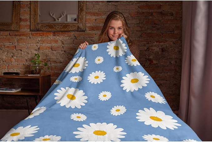 Thuswarm Floral Daisy Flowers Blue Flannel Throw Blanket Gifts Warm Cozy Soft Funny Print Blankets for Summer Room Decoration Bed Couch Sofa 80”×60” Large for Adult