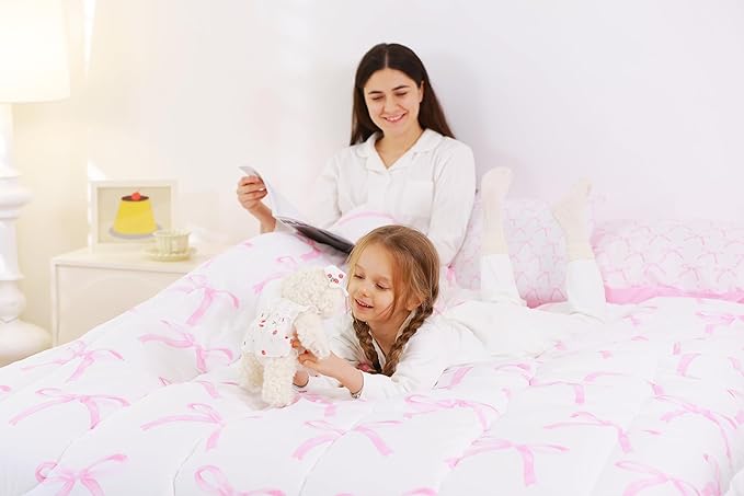 7 Pieces Cartoon Bowknot Kids Comforter Queen,Pink Bow Tie Butterfly Knot Princess Bedding Set,Watercolor Bow Patchwork Pink White（Comforter+Fitted+Flat Sheet+2 Pillowcases+2 Throw Pillow Covers）