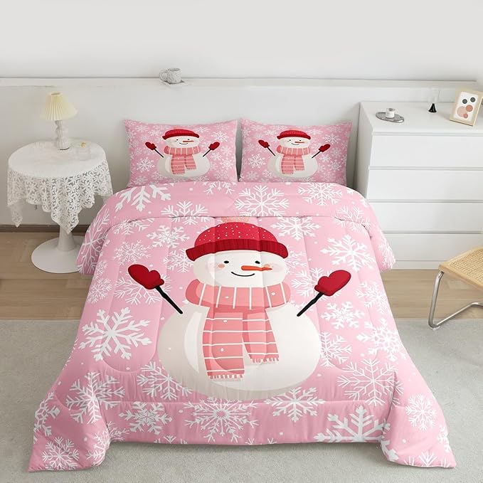 Feelyou Christmas Bedding Set Soft for Boys Girls, Snowman Pink Comforter Set Toddler Size Xmas Snowflakes Duvet Quilt Microfiber Winter Snow Bedroom Decor 2 Pcs with 1 Pillow Cases
