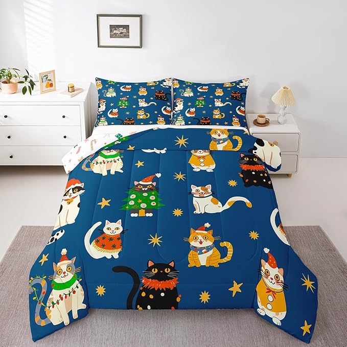 Erosebridal Merry Christmas Kids Cartoon Bedding Set Toddler Size Cute Cat Comforter Set Xmas Tree Quilts for Teens Boys Girls Room Decor,Kawaii Animals Duvet Insert,Blue
