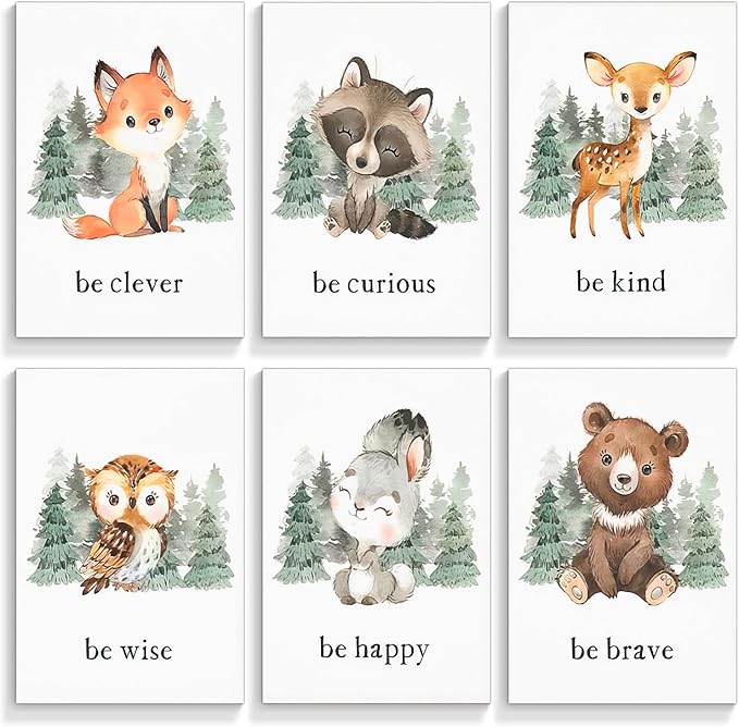 Wodkwq Nursery Wall Art Woodland Animal Canvas Prints Baby Girl Boy Room Decor Cute Poster Pictures Forest Theme Toddler Room Decoration Painting Set of 6 for Kids Bedroom Bathroom 8x10in Unframed