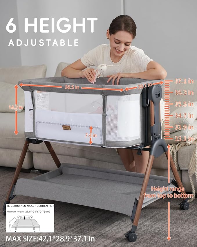 Baby Bassinet - Bassinet Bedside Sleeper,3-in-1 Bedside Bassinets for Baby,Rocking Bassinet with Mattress,Wheels,All Mesh Sides& Storage,6 Height Adjustable Crib,ASTM Certified(Mesh Grey)
