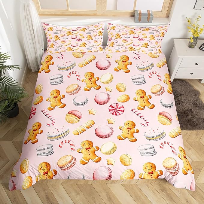 Feelyou Christmas Duvet Cover Full Size Cute Christmas Gingerbread Man Comforter Cover for Boys Girls Xmas Sweet Macarons Bedding Set 3Pcs Reversible Pink Room Decor