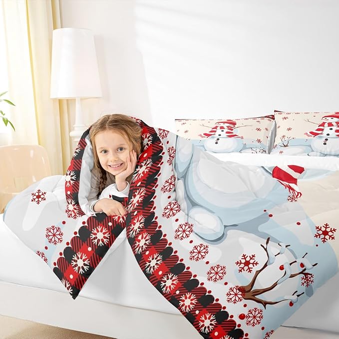 Kids Snowman Christmas Comforter Set King Size,Snowflake Romantic Bedding,Girls Boys Adults Bedroom/Xmas Cabin Decor,Geometric Grid Lattice Down Comforter,Rustic Farmhouse Duvet Insert,2 Pillowcases