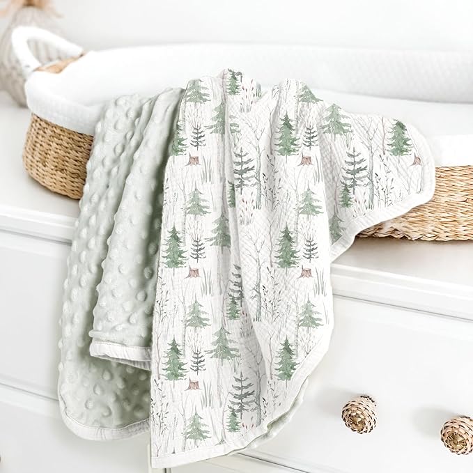 lulumoon Baby Blankets for Boys Newborn: Muslin & Minky Dotted Backing - Thermal Receiving Blanket for Stroller 30"x40"(Green Pine)