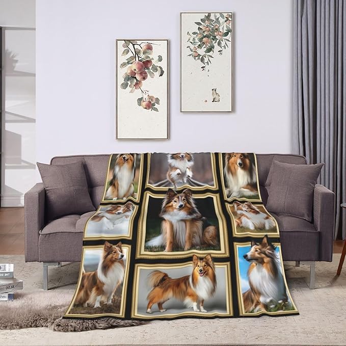 Sheltie Blanket Shetland Sheepdog Decor Gifts Throw Blanket Super Soft Flannel Lightweight Fluffy Plush Cozy Fuzzy Fleece Stuff Blanket for Dog Lover Kids Boys Adults Man for Bed Sofa 50"X60"