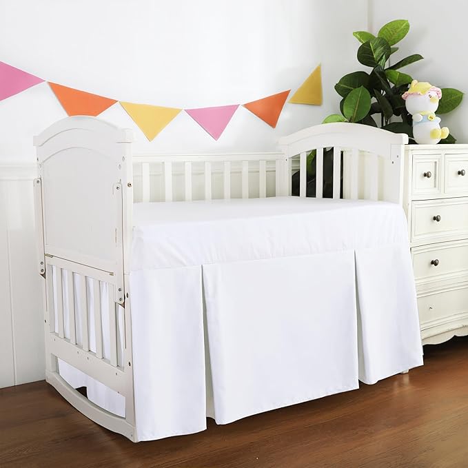 Crib Skirt Dust Ruffle, 100% Egyptian Cotton 400 Thread Count Soft Breathable Crib Bedding Skirt for Baby, Boys and Girls, 52"X28" with 14" Crib Bed Skirt Fading Resistant (White Solid)