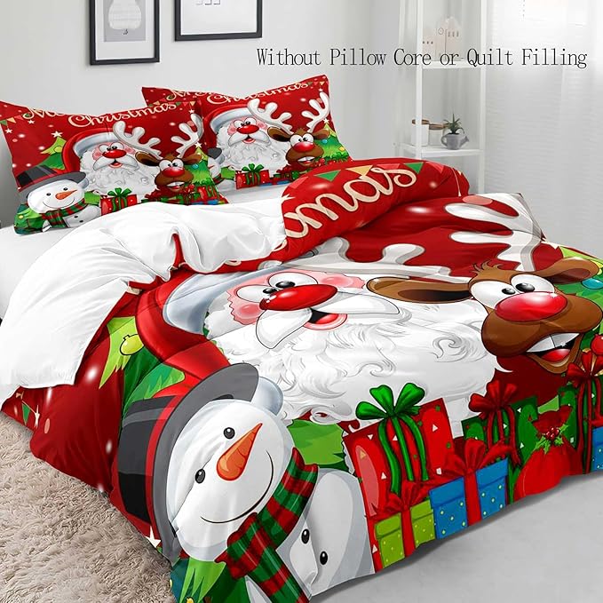 LUVIVIHOME 2PCS Red Christmas Duvet Cover Twin Bedding Sets, Boys Girls Kids Bedding, Santa Claus Snowman Reindeer Holiday New Year Xmas Gifts Christmas Comforter Bedspread Quilt Cover, 1 Pillow Case