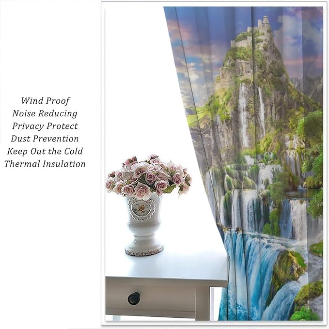 Forest Waterfall Blackout Curtain, Watercolor Tropical Jungle Waterfall Spring Flower Natural Scenery Pattern Window Drapes, for Bedroom Living Room 63" W X 72" L
