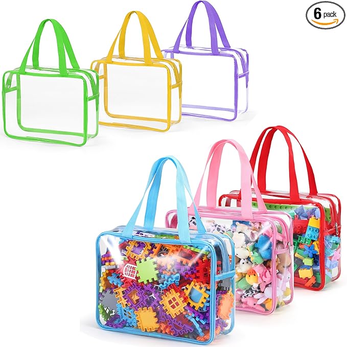 6 Packs Large Toy Storage Bags,Clear Waterproof PVC Toy Storage Organizer with Zipper,Reusable Travel kids Organizer Bags for Board Game,Building Blocks and Puzzles,Colorful