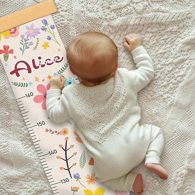 Personalized Name Growth Chart Wall Decor for Kids – Canvas Removable Height Chart Measuring Ruler 59" x 7.9" (Flowers and Plants)