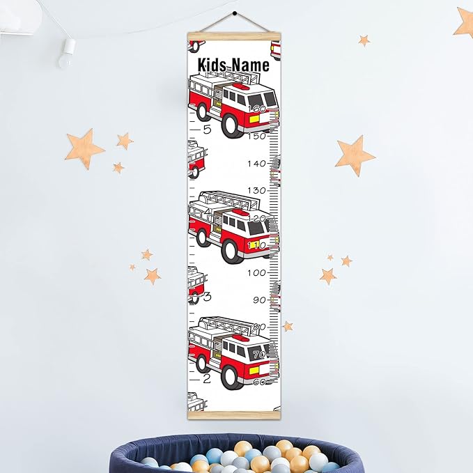 Personalized Kids Name Growth Chart Ruler for Wall Wood Frame Height Measure Chart 13.4x56 in Linen Hanging Height Growth Chart Fire Truck Kids Room Decor