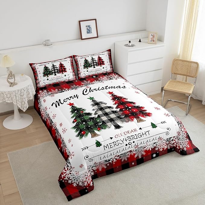Christmas Comforter Set Full Size, Red Plaid Xmas Trees Bedding Set 3pcs , Winter Snowflake New Year Reversible Down Comforter for All Season, Kids Boys Girls Room Decor, 2 Pillowcases, No Sheets