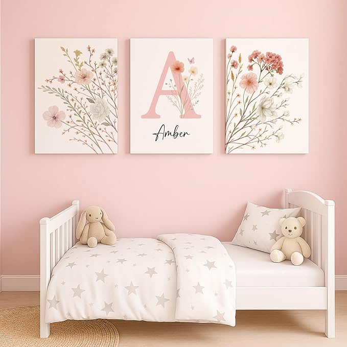 Personalized Girls Nursery Wall Art - Custom Name Pink Floral Butterfly Canvas Print 3pc Framed Wrapped Canvas for Bedroom Living Room Entryway Study Room Initial Wall Decor Baby Shower Birthday Easter Graduation New Year Valentine's Day Gift (20×25cm/...