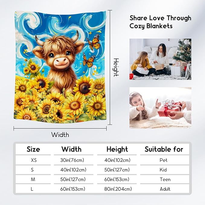 Kids Blanket - Highland Cow Blankets for Teens/Women - Flannel Soft Sunflower Throws for Bed Office - 60"x80"