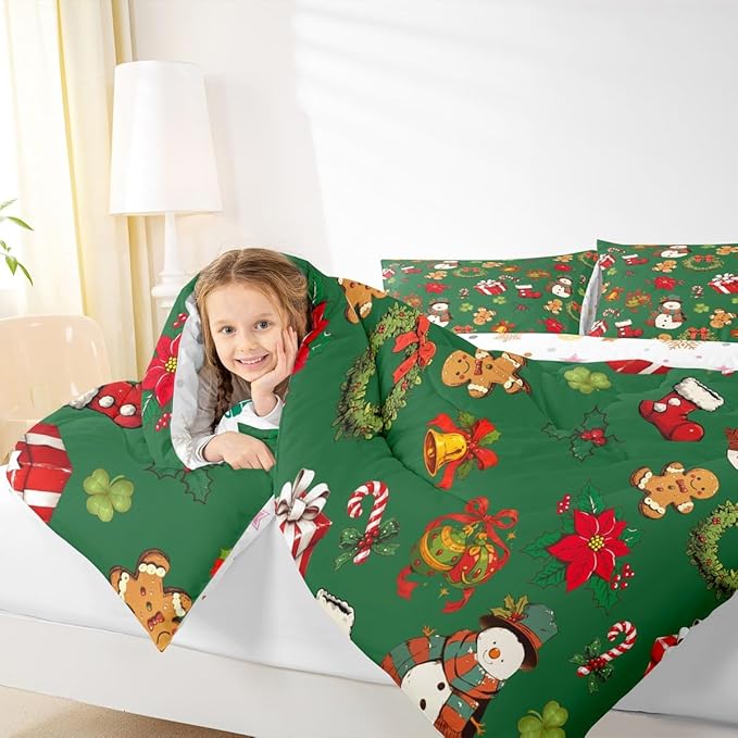 jejeloiu Merry Christmas Comforter Set Twin Size Cute Snowman Bedding Set for Kids Boys Girls Gingerbread Man Duvet Quilt Green Bedroom Decor