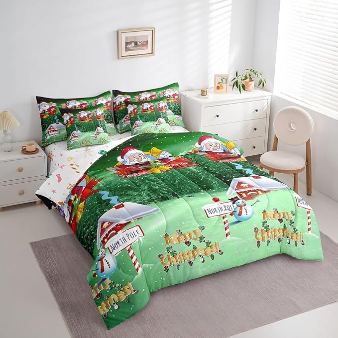 Feelyou Santa Claus Printed Bed Set Christmas Decorations Bed in a Bag for Kids Boys Girls Galaxy Blue Cute Decor Comforter Set with Sheets Snowman Snowflake Bedding Set Bedroom Collection King Size