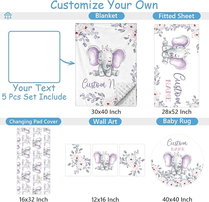 Custom Baby Crib Bedding Set, 5 Pcs Personalized Purple Elephant Crib Bedding Set with Name, Baby Boys Girls Nursery Crib Set, Soft Flannel Baby Blanket, Customized Gift for Infant New Parents