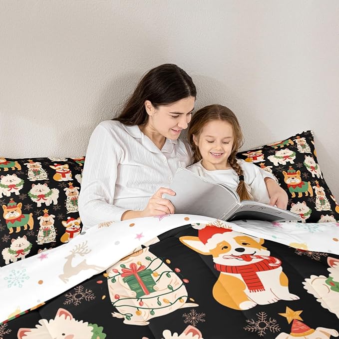Castle Fairy Christmas Pets King Size Comforter/Duvet Set,Cute Puppy Dog Animal Ultra Soft Bed Collection,Merry Christmas Theme Bedding for Room Decor 3 Pcs,Microfiber Breathable
