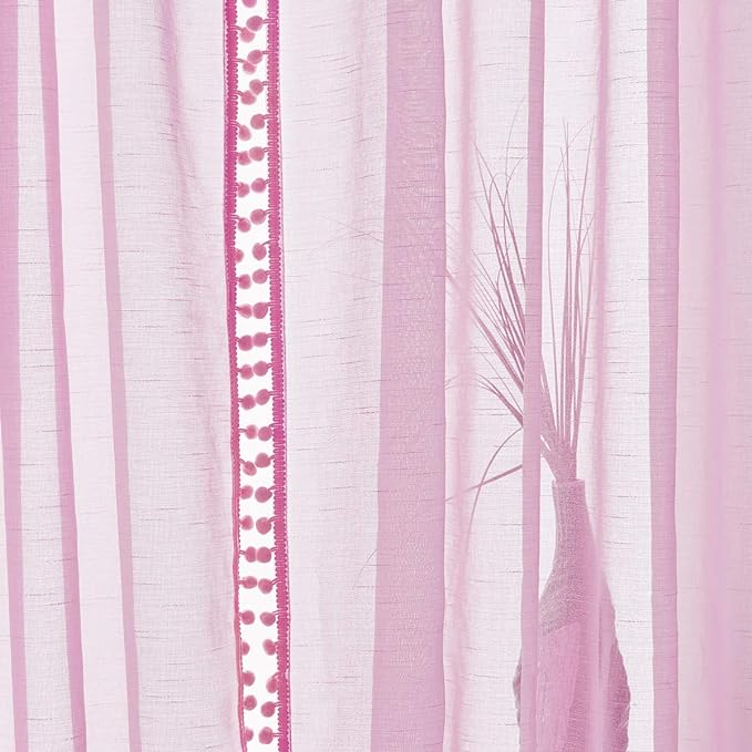 Treatmentex Pom-Pom Sheer Curtains for Bedroom 84 inches Linen Textured Look Pink Sheer Window Draperies for Girl's Room, 52" w x 2 Panels, Red, Rod Pocket