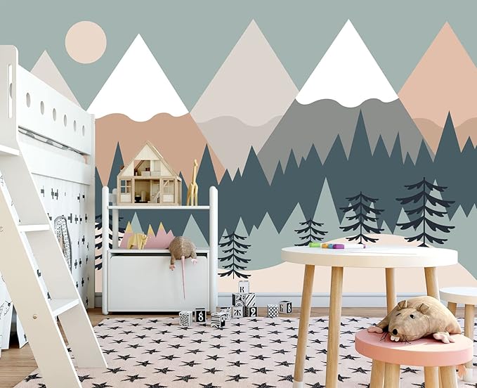 Children's Cartoon Mountain Peak Forest Sun Nursery Wall Mural Wallpaper 178" x 117"