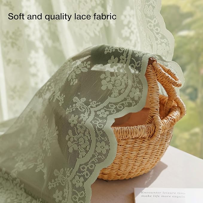 Anmao Vintage Lace Curtains 84 Inches Long 2 Panels Set, Romantic Elegant Light Filtering Semi Sheer Floral Thick Lacy Curtain Drapes for Living Room and Bedroom, Each Panel 55W x 84L, Dry Grass Green