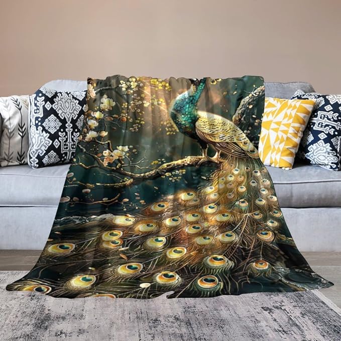 Peacock Blanket Gold Peacock Gifts for Girls Boys Woman Kids Lover Throw Blankets Soft Blanket Warm Fleece Flannel Plush Blankets for Bed Sofa Couch 40"x50"