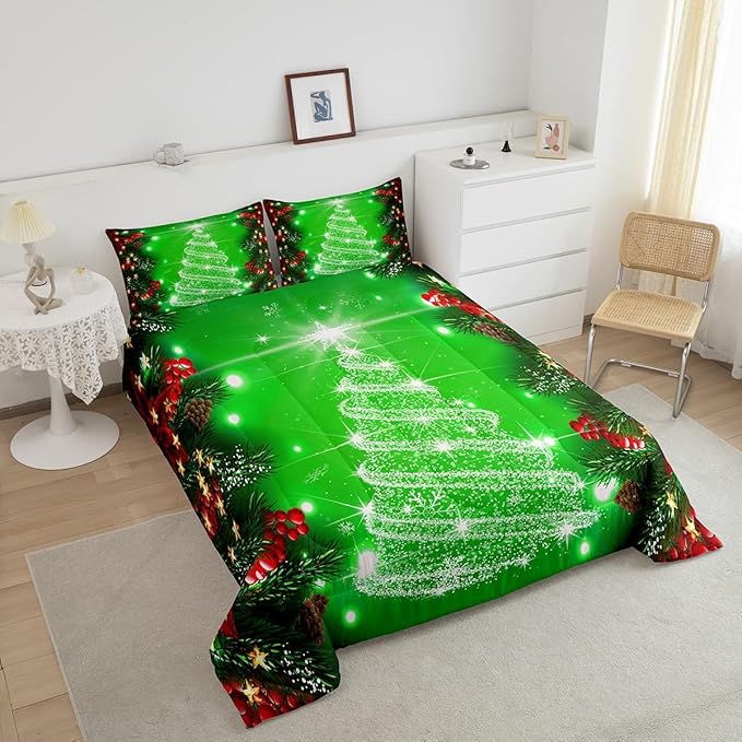 Feelyou Kids Merry Christmas Decorations Comforter Set, Kids Santa Tree Bedding Set Toddler Size for Boys Girls Teens Xmas Christmas Bell Decor Comforter Glitter Green Quilt Set