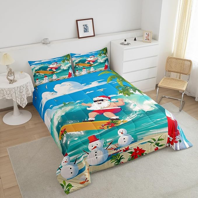 Manfei Christmas Comforter Set King Size, Santa Claus Surfing Theme Bedding Set for Kids Boy Girl Room Decor, Beach Snowman Down Comforter for All Season, Soft Polyester Quilt Set, 2 Pillowcases