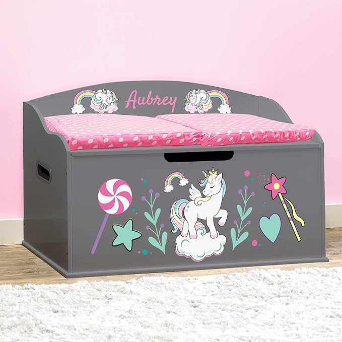 DIBSIES Personalized Creative Wonders Toy Box, Unicorns & Rainbows, 30 x 19.25 x 18 inches, Soft-Close Lid (Dovetail Grey)