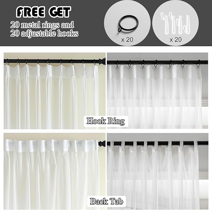 Off White Pinch Pleated Sheer Curtains 102 Inch Long 2 Panels Custom, Thin Textured Linen Look Living Room Drapes Window, Ivory Sliding Glass Door Curtain with Rings & Hooks & Back Tab