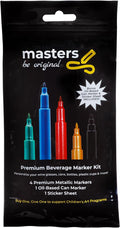 Washable Beverage Markers Set | Non-Toxic, Erasable Ink Writing on Cold Drinks, Bottles, Plastic Cups, Mirrors | 4 Assorted Metallics, 1 Black Oil-Based Pen, Sticker Labels, Metallic