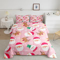 Cartoon Santa Claus Kids Comforter Set Full Size,Cute Snowman Deer Xmas Bedding Set,Boys Girls Adults Room Decor,Merry Christmas Snowflake Down Comforter,Pink Romantic Duvet Insert,2 Pillowcases