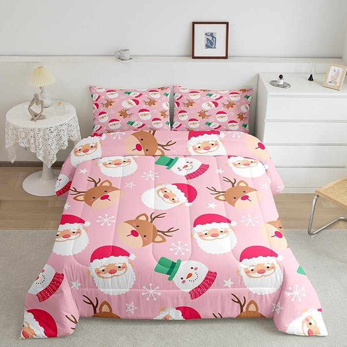Cartoon Santa Claus Kids Comforter Set King Size,Cute Snowman Deer Xmas Bedding Set,Boys Girls Adults Room Decor,Merry Christmas Snowflake Down Comforter,Pink Romantic Duvet Insert,2 Pillowcases