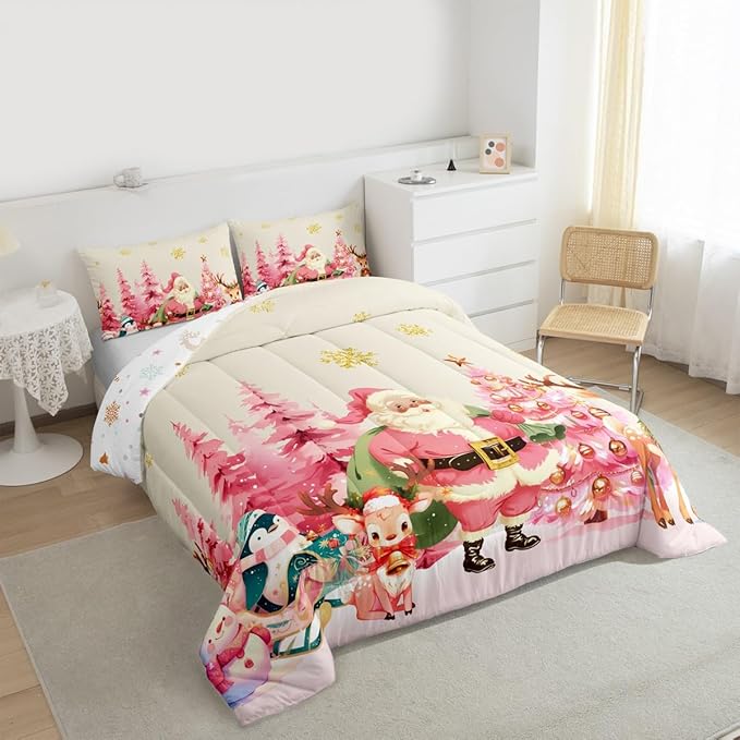 jejeloiu Merry Christmas Comforter Set Twin Size Santa Claus Bedding Set for Kids Boys Girls Cute Deer Duvet Quilt Beige Bedroom Decor