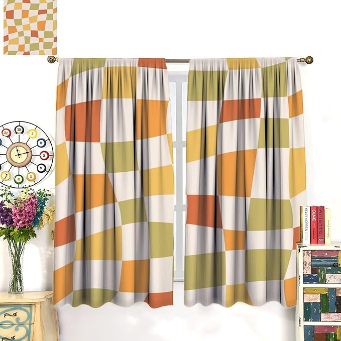 Orange Checkered Curtains,70s Vintage Twisted Checkered Window Drapes Colorful Groovy Trendy Wavy Hippie Grid Print Window Treatments for Kids Girls Bedroom Living Room Bathroom 63"W X 63"L