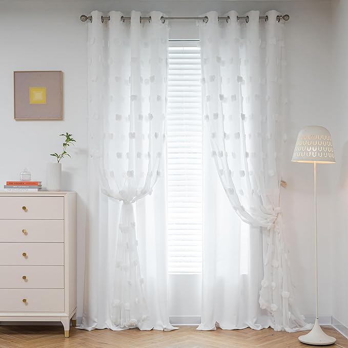 MYSKY HOME Light Blocking White Curtains for Living Room White Sheer Pom Pom Kids Room Decor Drapes 108 Inches Long Double Layer Curtain for Sliding Door Grommet Window Panels Set of 2 52" x 108"