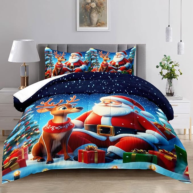 Raphus cucullatus Christmas Bedding Queen,Christmas Comforter Set,Santa Claus Decor Holiday Bedding Winter Quilt,Santa Claus Comforter Set,Snowflake Navidad Quilt Set,Cute Reindeer Quilt