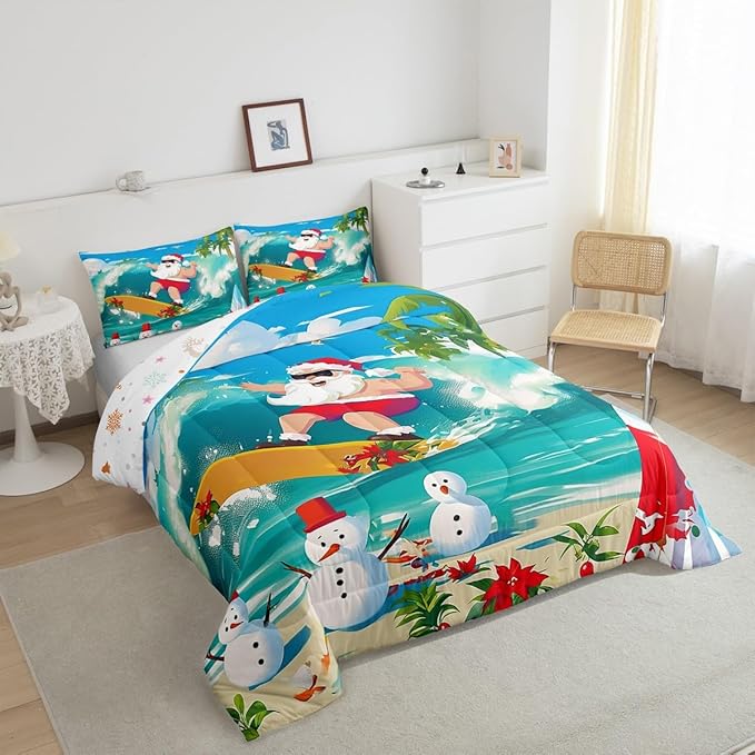Manfei Christmas Comforter Set Twin Size, Santa Claus Surfing Theme Bedding Set for Kids Boy Girl Room Decor, Beach Snowman Down Comforter for All Season, Soft Polyester Quilt Set, 1 Pillowcase