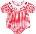 Newborn Baby Girl Romper Mamas Mini Bow Plaid Print Puff Sleeve Smocked Bubble Romper Jumpsuit Bodysuit Clothes