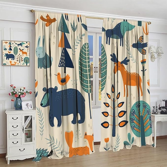 Kids Forest Animal Curtains, Rustic Cartoon Cute Wild Animal Window Treatments Woodland Safari Animal Fox Deer Bear Window Drapes for Girls Boys Nursery Toddler Bedroom 42x45in