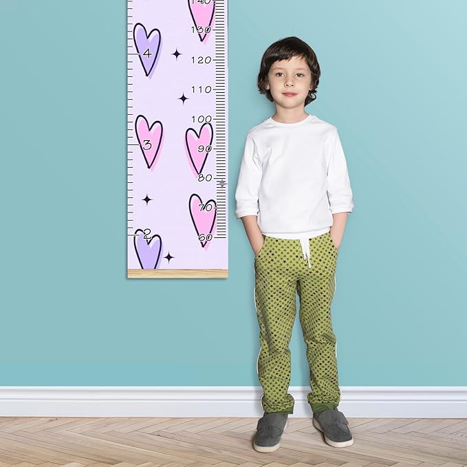 Personalized Kids Name Growth Chart Ruler for Wall Wood Frame Height Measure Chart 13.4x56 in Linen Hanging Height Growth Chart Pink Purple Kids Room Decor
