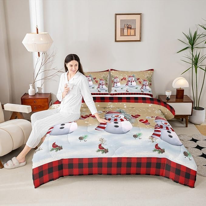 Cartoon Snowman Kids Christmas Comforter Set King Size,Pines Snowflake Rustic Bedding,Girls Boys Adults Bedroom/Xmas Cabin Decor,Grids Geometric Down Comforter,Farmhouse Duvet Insert,2 Pillowcases
