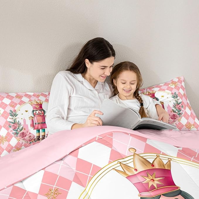 Feelyou Christmas Comforter Set Full Size Pink Nutcrackers Bedding Set for Kids Boys Girls Rhombus Pattern Duvet Quilt Floral Bedroom Decor Snowflake Microfiber 3 Pcs with 2 Pillow Cases