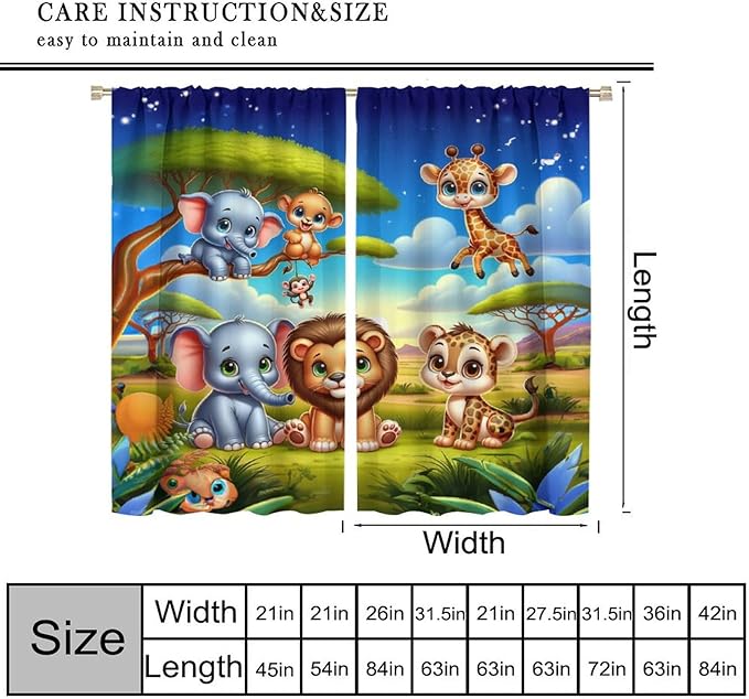 Jungle Safari Window Curtains for Kids Boys Girls Watercolor Cartoon Forest Animals Baby Living Room Bedroom Nursery Toddler Rod Pocket Drapes 63" W X 72" L