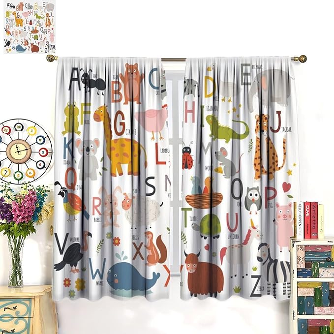 Alphabet Kids Learning Curtains Cartoon Animal Baby Boys Child Educational Curtain with Rod Pocket for Bedroom Nursery Home Decor Drapes Window Treatments 2 Panels Set 42" W X 54" L