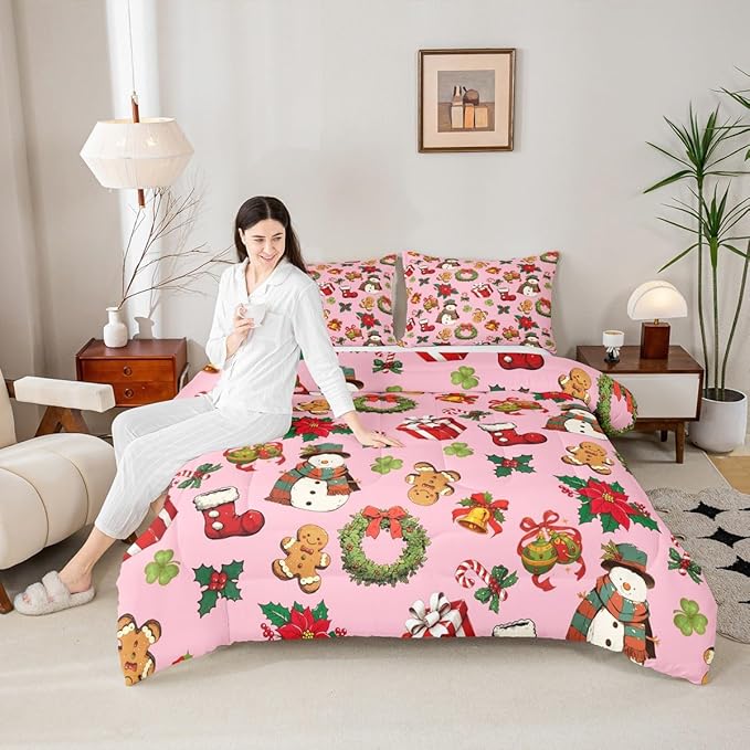 jejeloiu Merry Christmas Comforter Set Twin Size Cute Snowman Bedding Set for Kids Boys Girls Gingerbread Man Duvet Quilt Pink Bedroom Decor