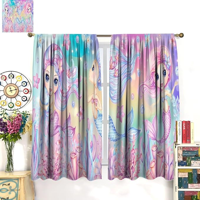 Cartoon Mermaid Kids Curtain Fantasy Ocean Theme Coral Flower Floral Window Treatment for Kids Girls Bedroom Nursery Room Decor Rod Pocket Blackout Window Drapes 84x84in