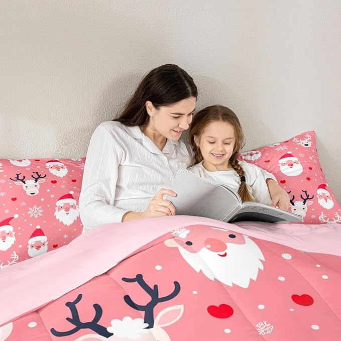 Feelyou Christmas Comforter Set All Season Santa Deer Bedding Set with 2 Pillow Cases Snowflake Microfiber Kids King Bedclothes Bedroom Decor Duvet Quilt Breathable Soft Lightweight